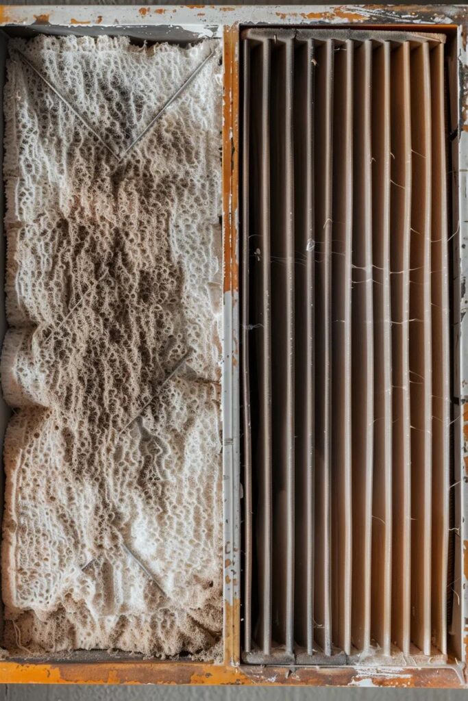 Comparison of a dirty and clean furnace filter, emphasizing airflow issues in heating