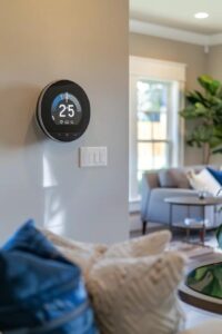 Smart thermostat in a stylish living room, highlighting energy efficiency and modern home comfort