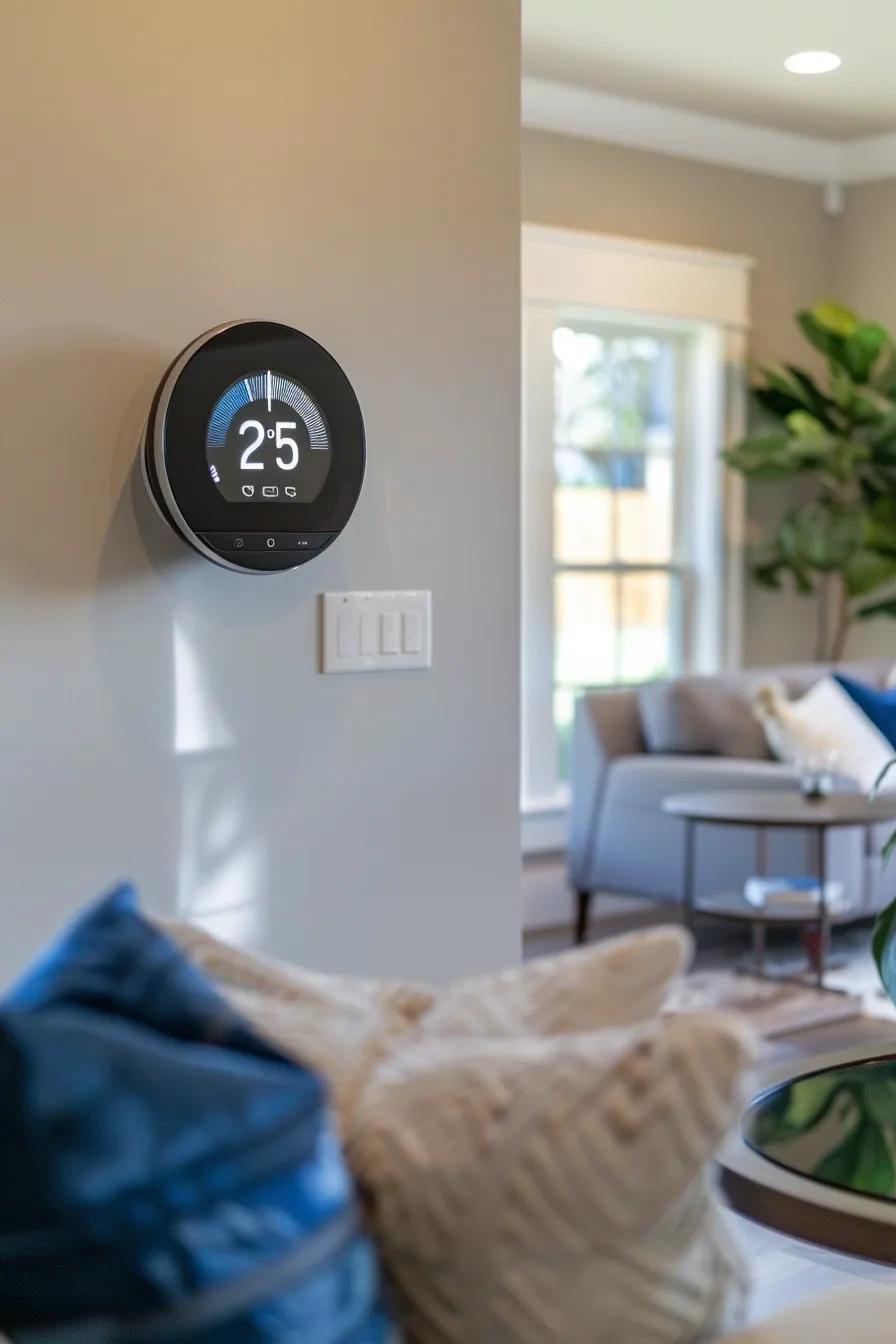 Smart thermostat in a stylish living room, highlighting energy efficiency and modern home comfort