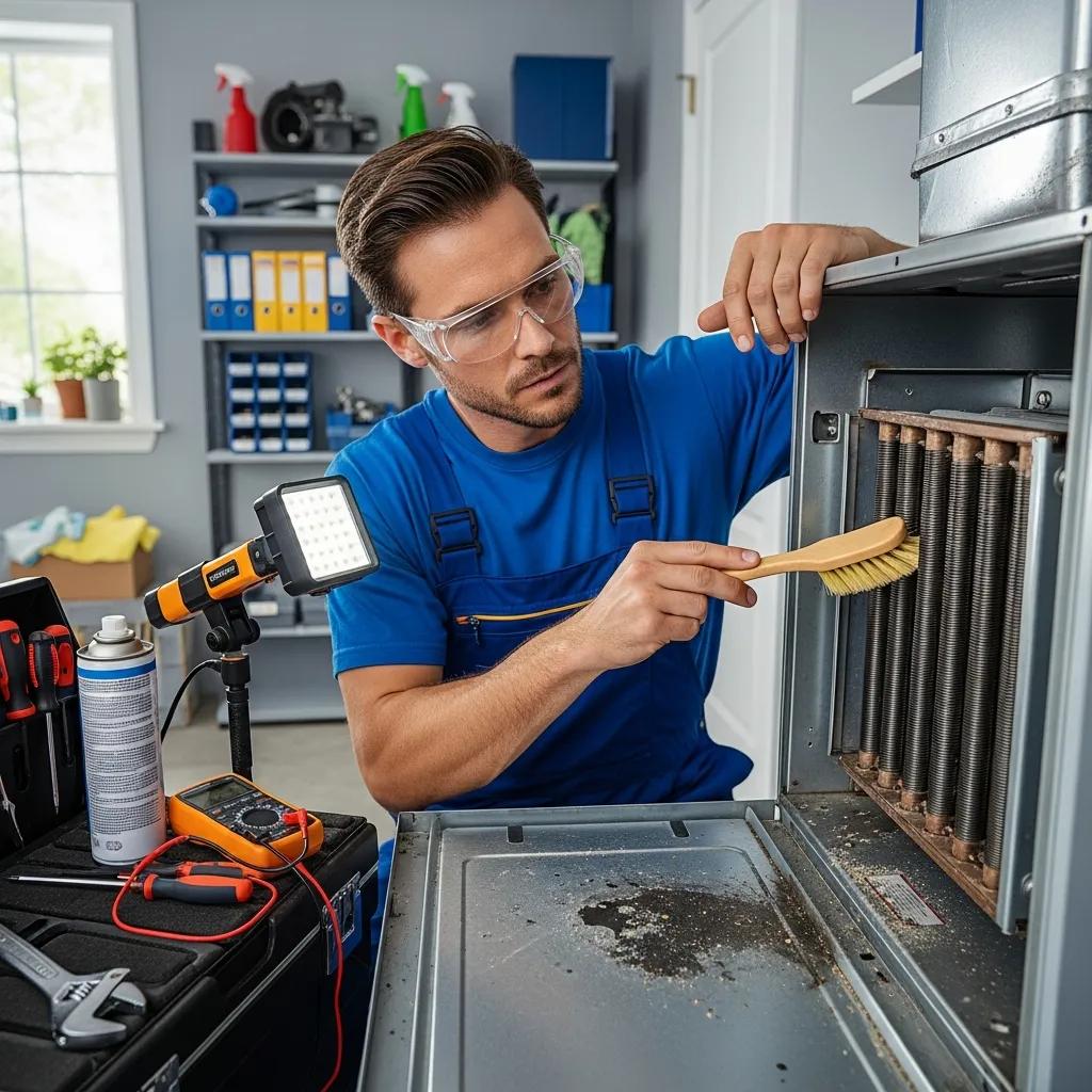 Technician performing routine maintenance on a furnace — key upkeep tasks