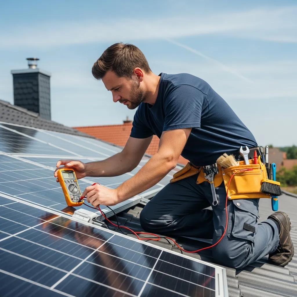 Technician inspecting solar panels on a roof, illustrating essential maintenance tips for homeowners