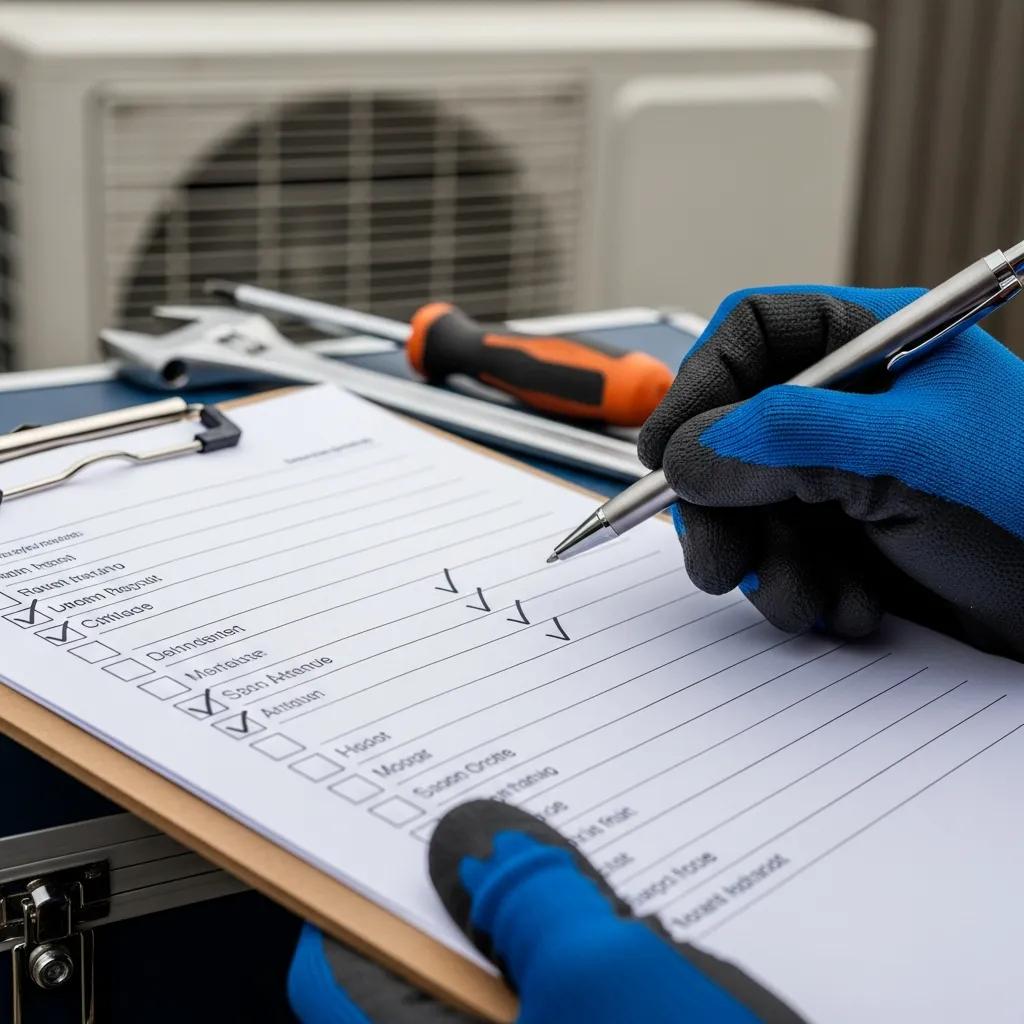 Technician checking off tasks on an AC maintenance checklist, emphasizing the importance of regular upkeep